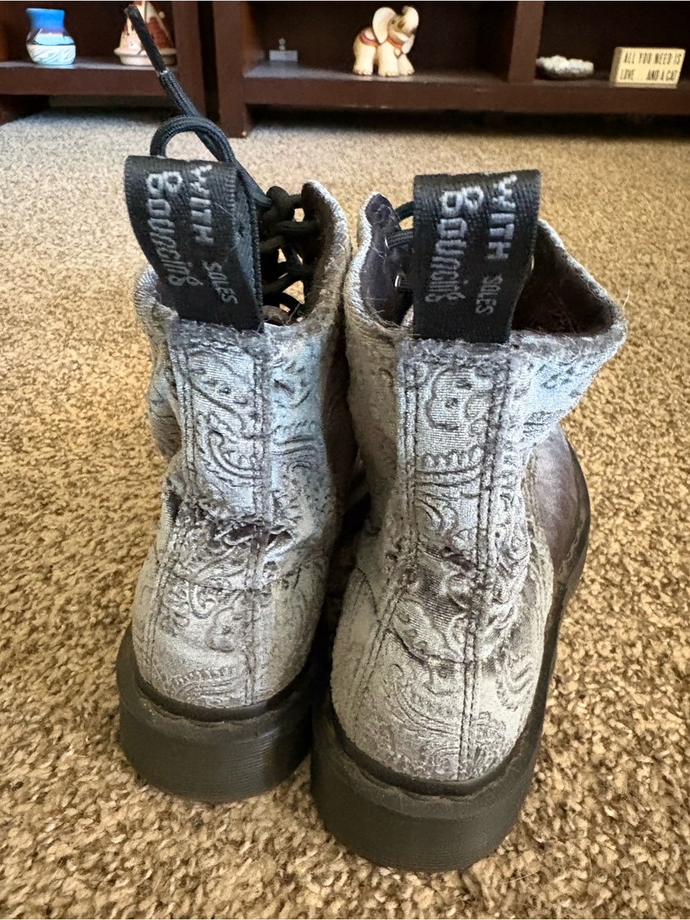 Gray Velvet Embossed Lace-Up Dr. Martens Women's Combat Boots - Picture 3 of 8